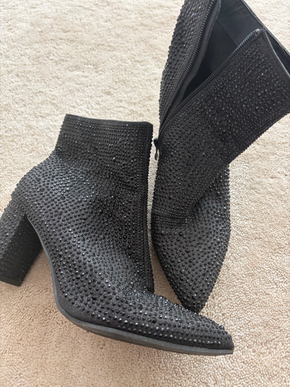 Black Crystal-Embellished Pointed Ankle Boots